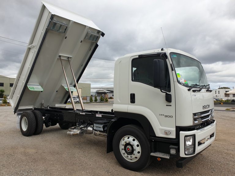 Isuzu with tipper truck body with body extended upwards